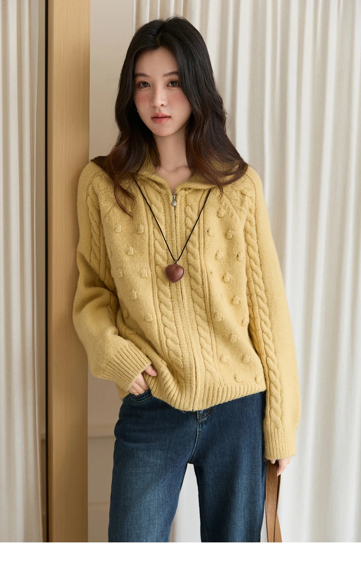 MISHOW Zipper Knit Cardigan Women 2025 Winter Yellow Turn-down Collar Loose Thick Sweater Luxury Comfort Casual Top MXE49Z2619