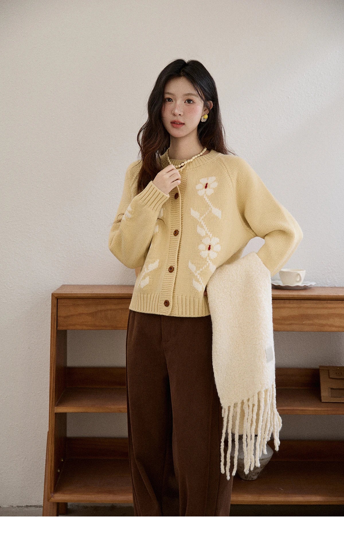 Mishow Yellow Floral Jacquard Retro Cardigan MXE86Z2738
