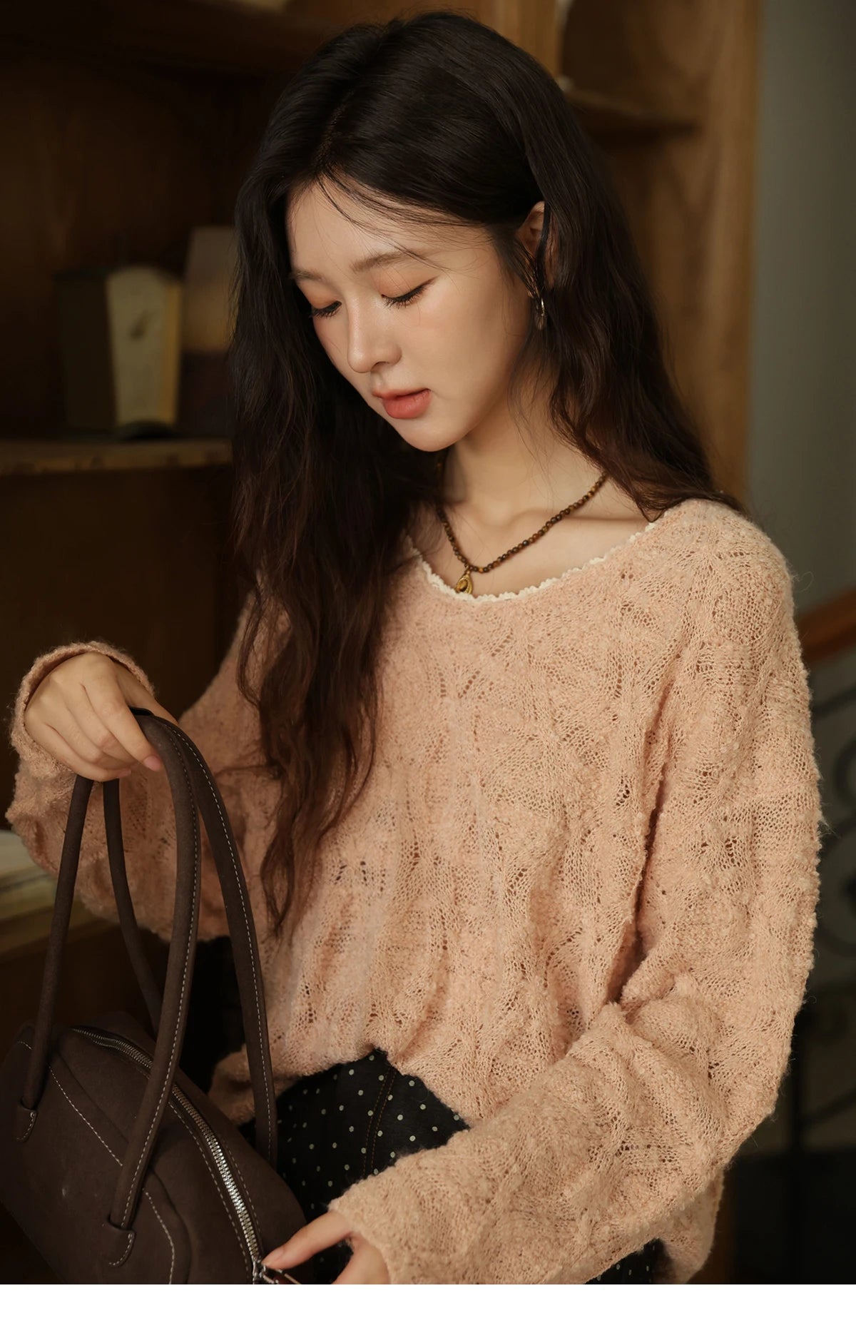 MISHOW Bamboo Loop Yarn Knitted Sweater for Women Autumn 2025 Hollow V-neck Lace Sweater Casual Solid Pullovers Tops MXE43Z1349
