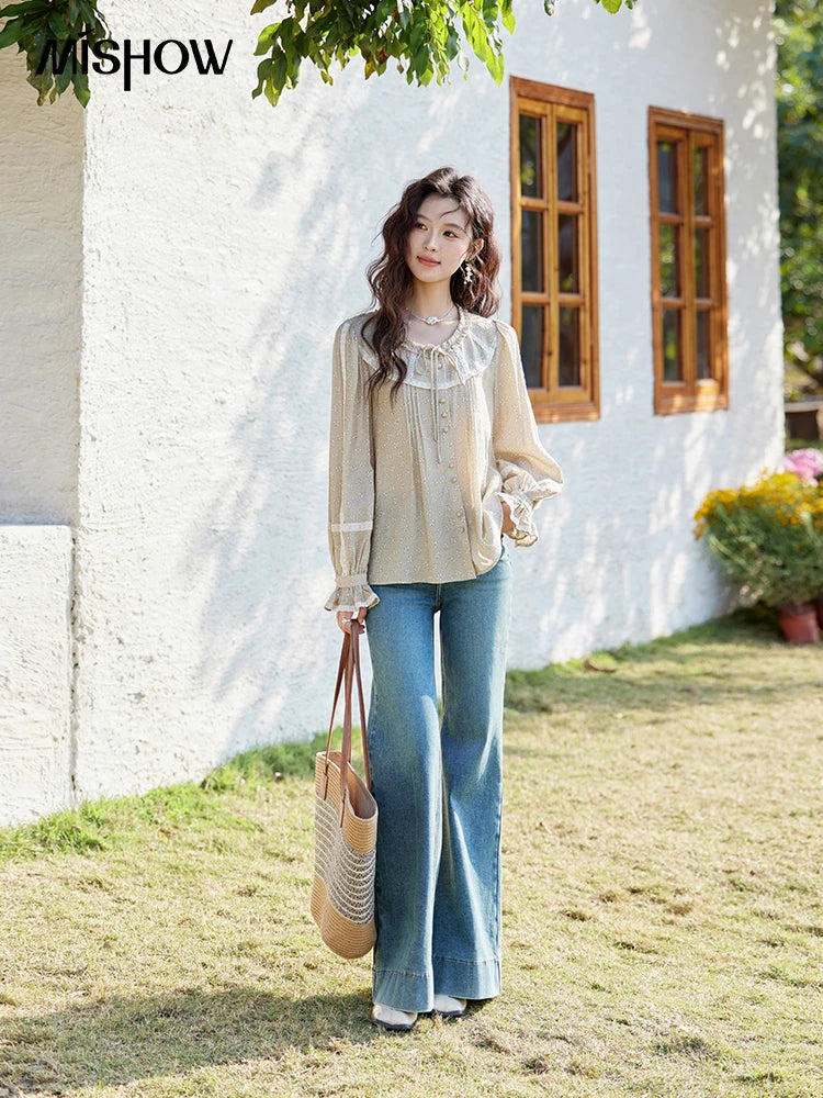 MISHOW Women's Floral Round Neck Shirts 2025 Spring Ruffled Collar Commuting Top Sweet Petal Sleeve Lace-up Shirts MXE14X1729