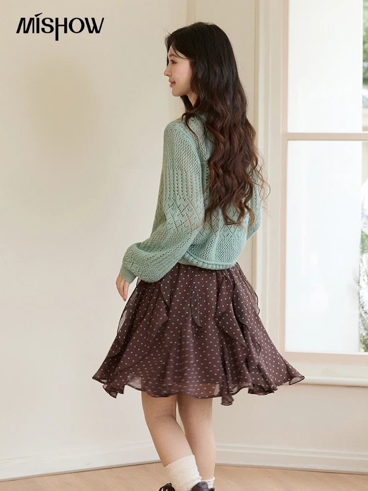 MISHOW Women's Mint Green Knitted Cardigan 2026 Spring Crew Neck Hollow Out Thin Tops Casual Loose Sheer Sweater MXF108Z1046