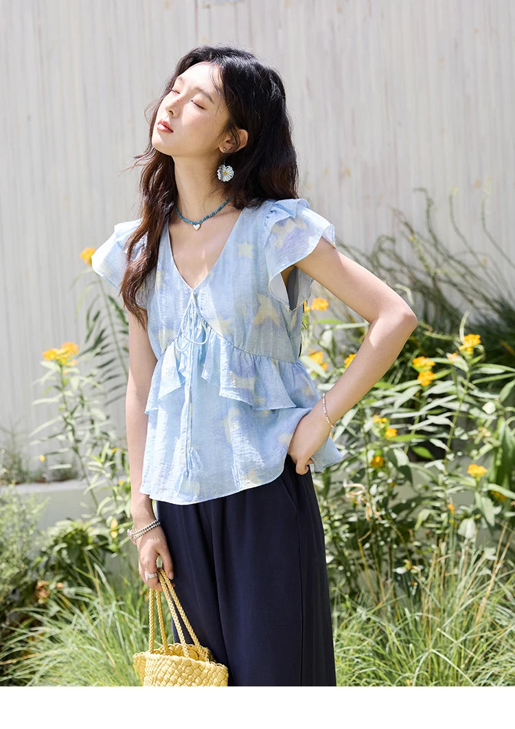 MISHOW Blue Double-layer Ruffled Linen V-neck Blouse for Women Summer 2025 Slim Flying Sleeve Breathable Lace-up Tops MXE33X1819