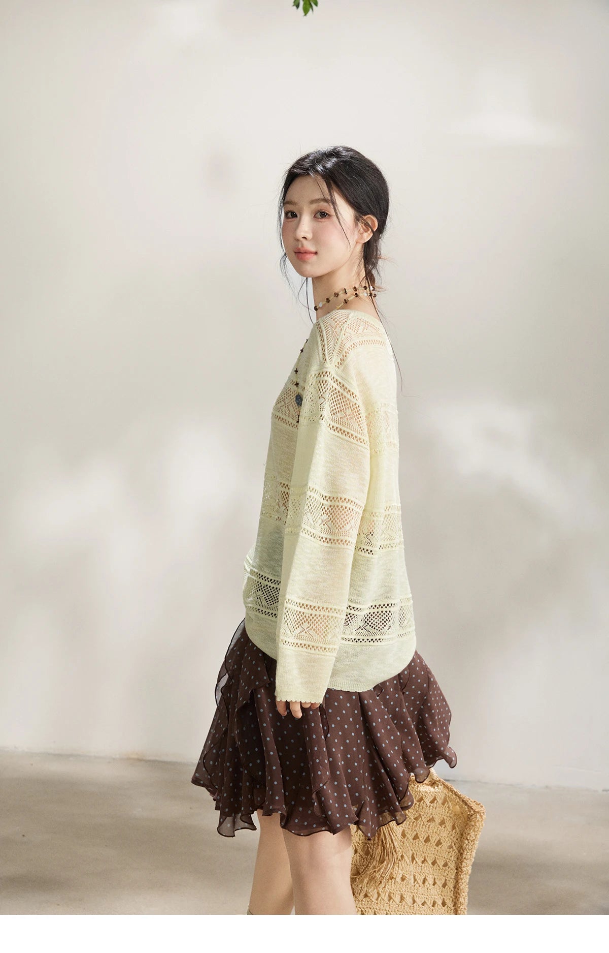 MISHOW Women's Pale Yellow Knit Top 2026 Spring Crew Neck Hollow Out Striped thin tops Casual Loose Sheer Sweater MXF13Z3020