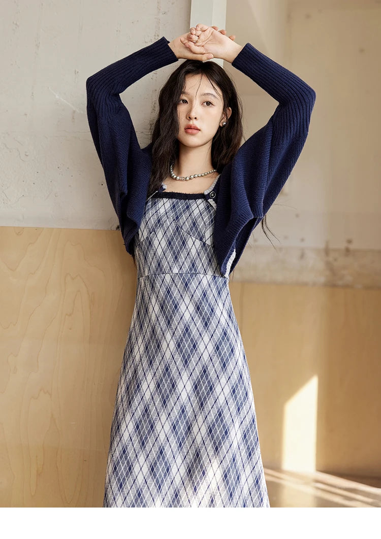 MISHOW French Vintage Dress O Neck Knitted Cardigan Separately Women Sweet Knitted Short Sweater Plaid Camisole Dress MXD43L2012