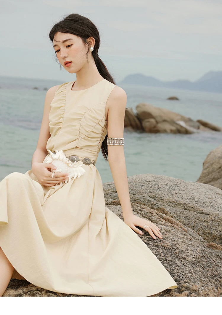 MISHOW Office Lady Summer Dress Women 2025 New Round Neck Sleeveless Solid with Belt Dresses Female Fashion Slimming MXE31L2188