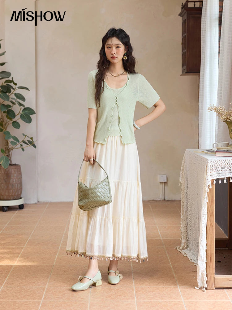 MISHOW Women's Mint Green Fake Two Piece Short Sleeved Knitted Cardigan 2025 Summer Solid Color Loose Comfortable Top MXE36Z1286