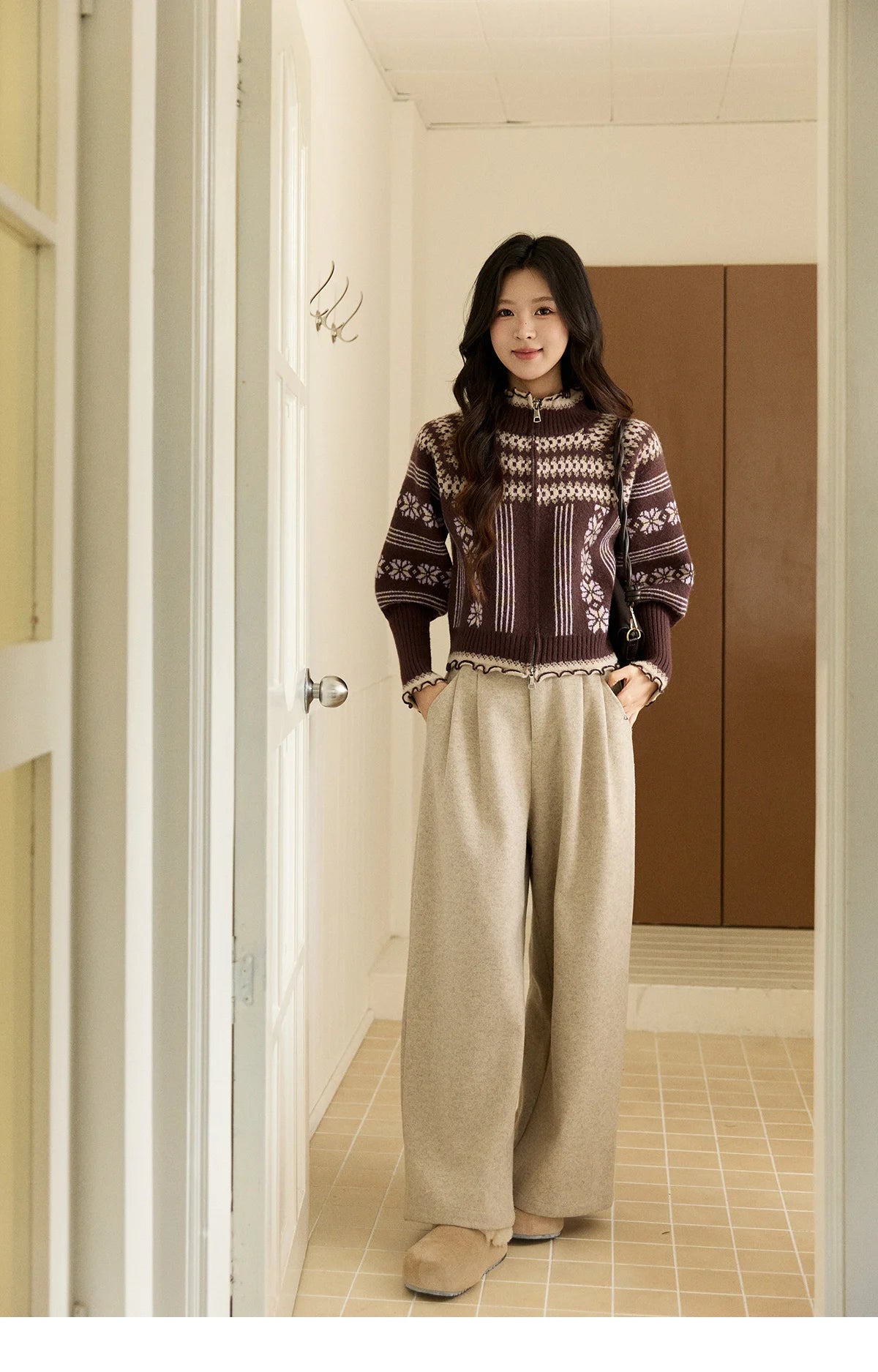 MISHOW Women's Brown Knitted Fair Isle Sweater Vintage Jacquard Lantern Sleeves Zipper Top Ruffled Trim Warm Sweaters MXE91Z2868