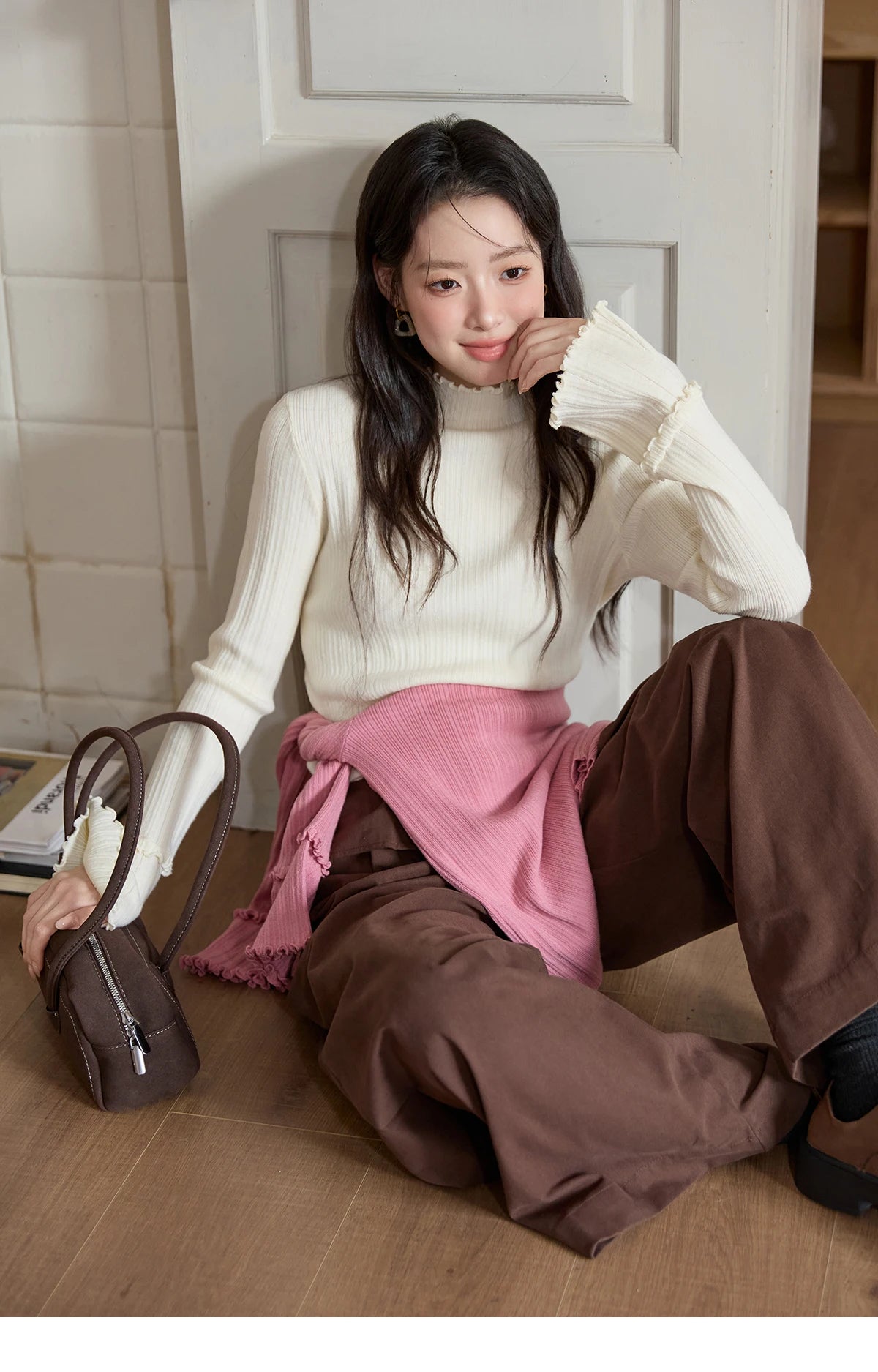 MISHOW Women's Long Sleeve Top 2025 Autumn New Casual Solid Turtleneck Slim Knit Wood Ear Edge Trumpet Sleeve Top MXE51Z2552