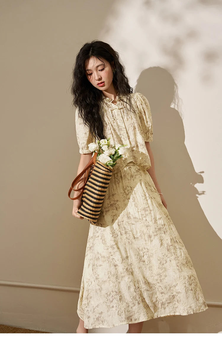 MISHOW Chinese Chiffon Embroidered Shirt A-line Skirt Separately Summer Puff Sleeve Top Rear Elastic Waist Skirt MXD24X1405