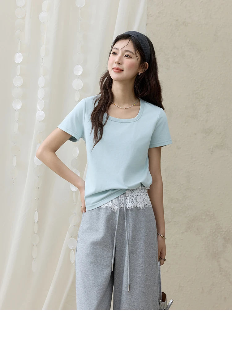 MISHOW Solid Casual T-shirts Women Summer 2025 New Square Neck Short Sleeve Shirt Female Fashion Straight Tops Woman MXE15T0483