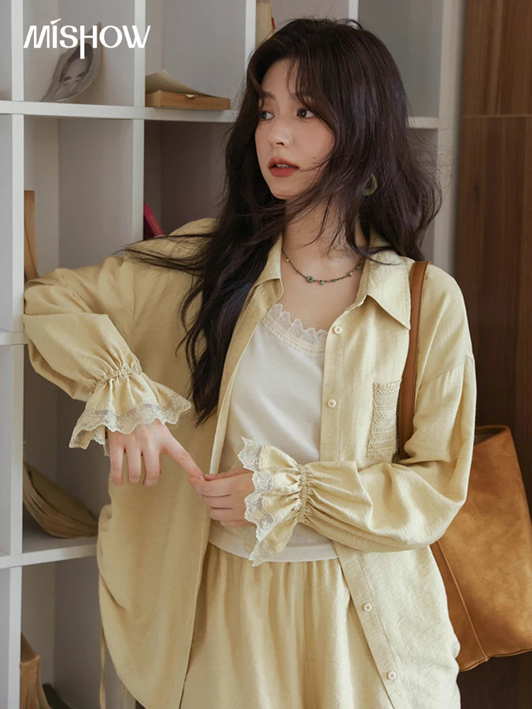 MISHOW Yellow Linen Three Piece Solid Splicing Lace Shirt Camisole Elastic Waist Shorts Vintage Hollowed Out Lace Set MXE42T0718
