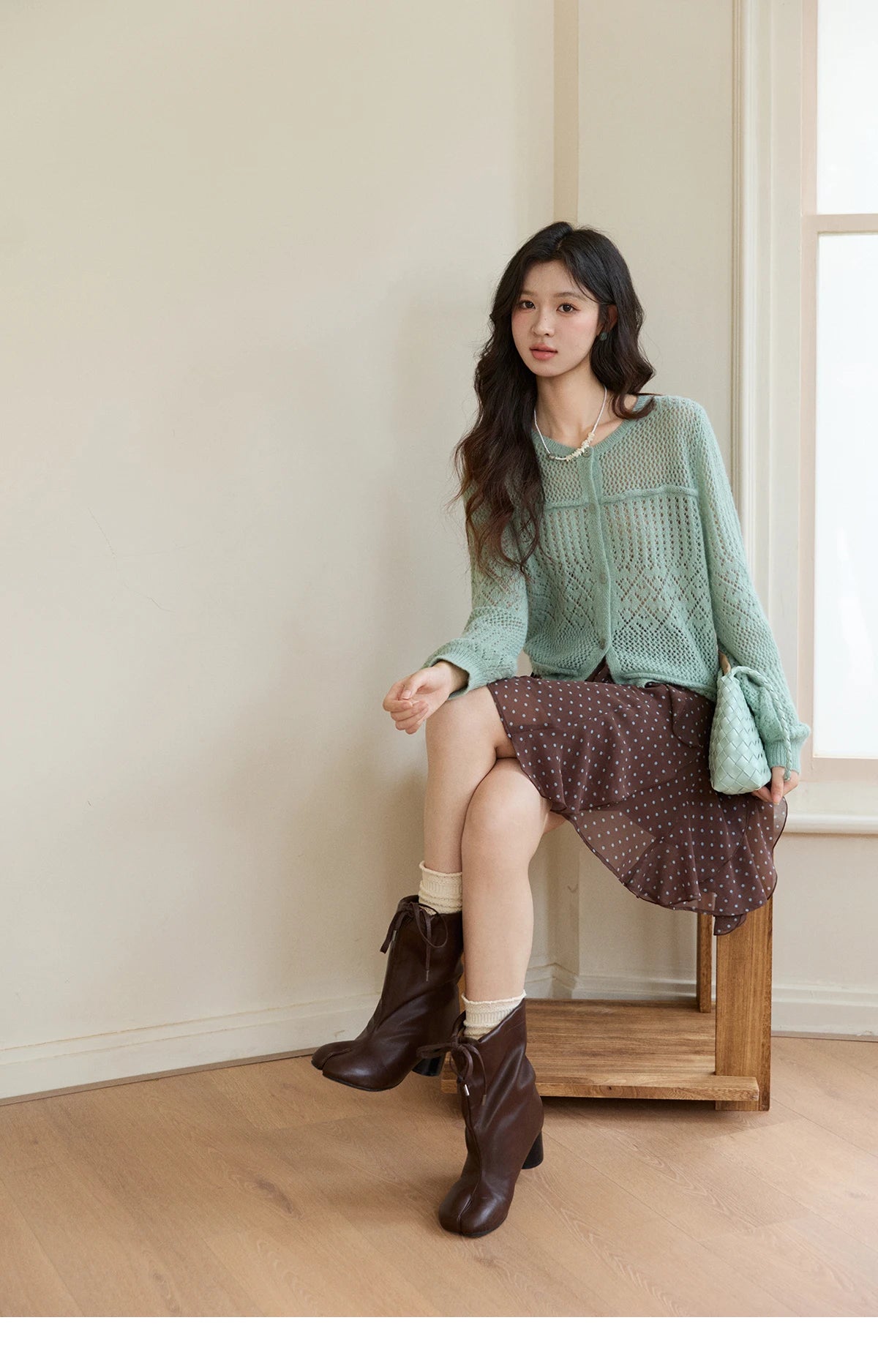 MISHOW Women's Mint Green Knitted Cardigan 2026 Spring Crew Neck Hollow Out Thin Tops Casual Loose Sheer Sweater MXF108Z1046
