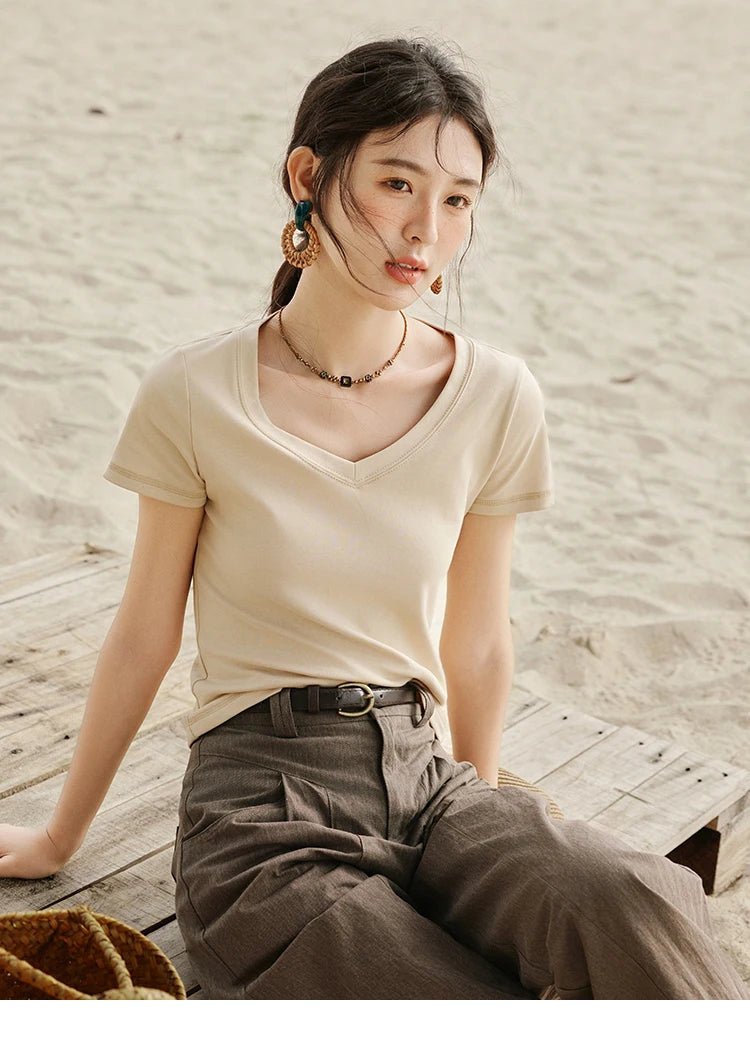 MISHOW Cotton Casual T-shirts Women New 2025 Short Sleeve V-neck Solid Versatile Shirt Female Fashion Basic Tops Lady MXE33T0519