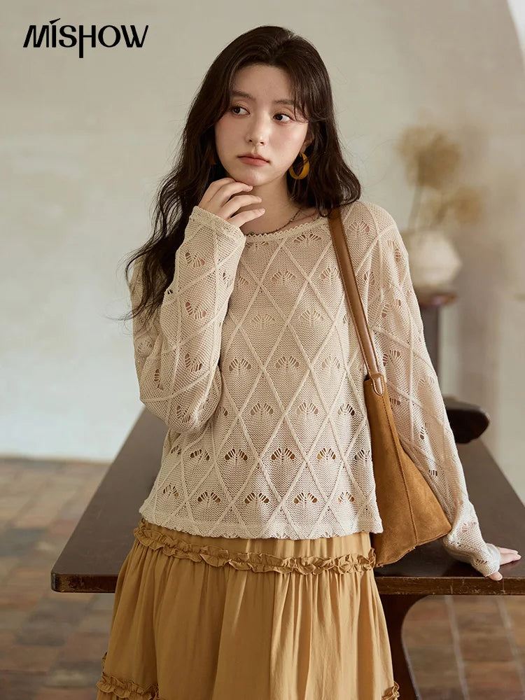 MISHOW Women's Diamond Patterned Knitted Top 2025 Autumn Bohemian Hollowed Out Thin Top Scoop Neck Knitted Sweaters MXE42Z1332