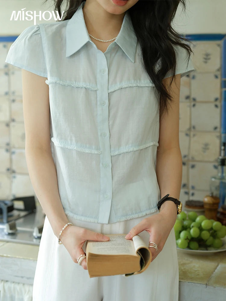 MISHOW Women's Turn-down Collar Button Casual Shirt 2025 Summer New Ladies Wear Edge Splicing Commut Short Sleeve Top MXE39C2363