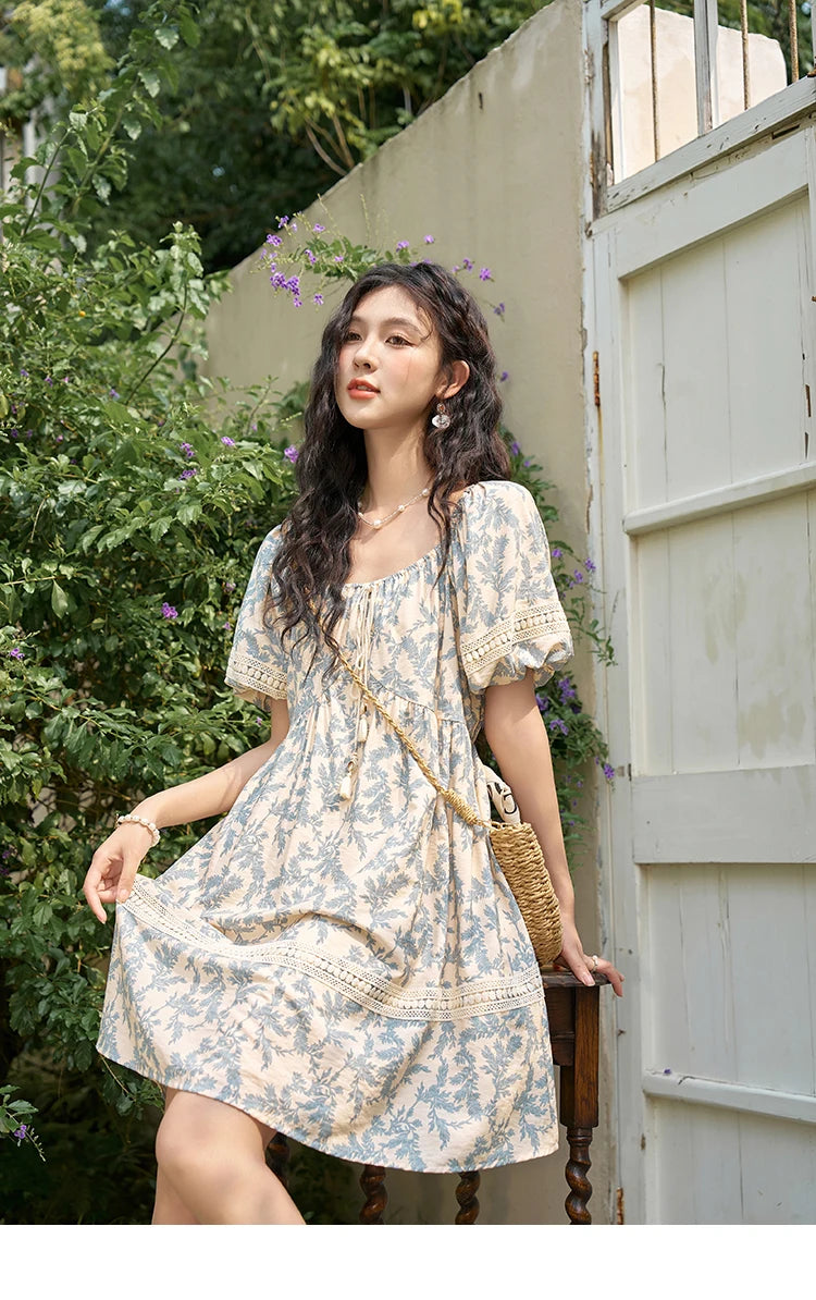 MISHOW French Floral Printing Dress for Women 2024 Summer Vacation U Neck Lace-up Bubble Sleeve Loose Doll Dresses MXD27L1898