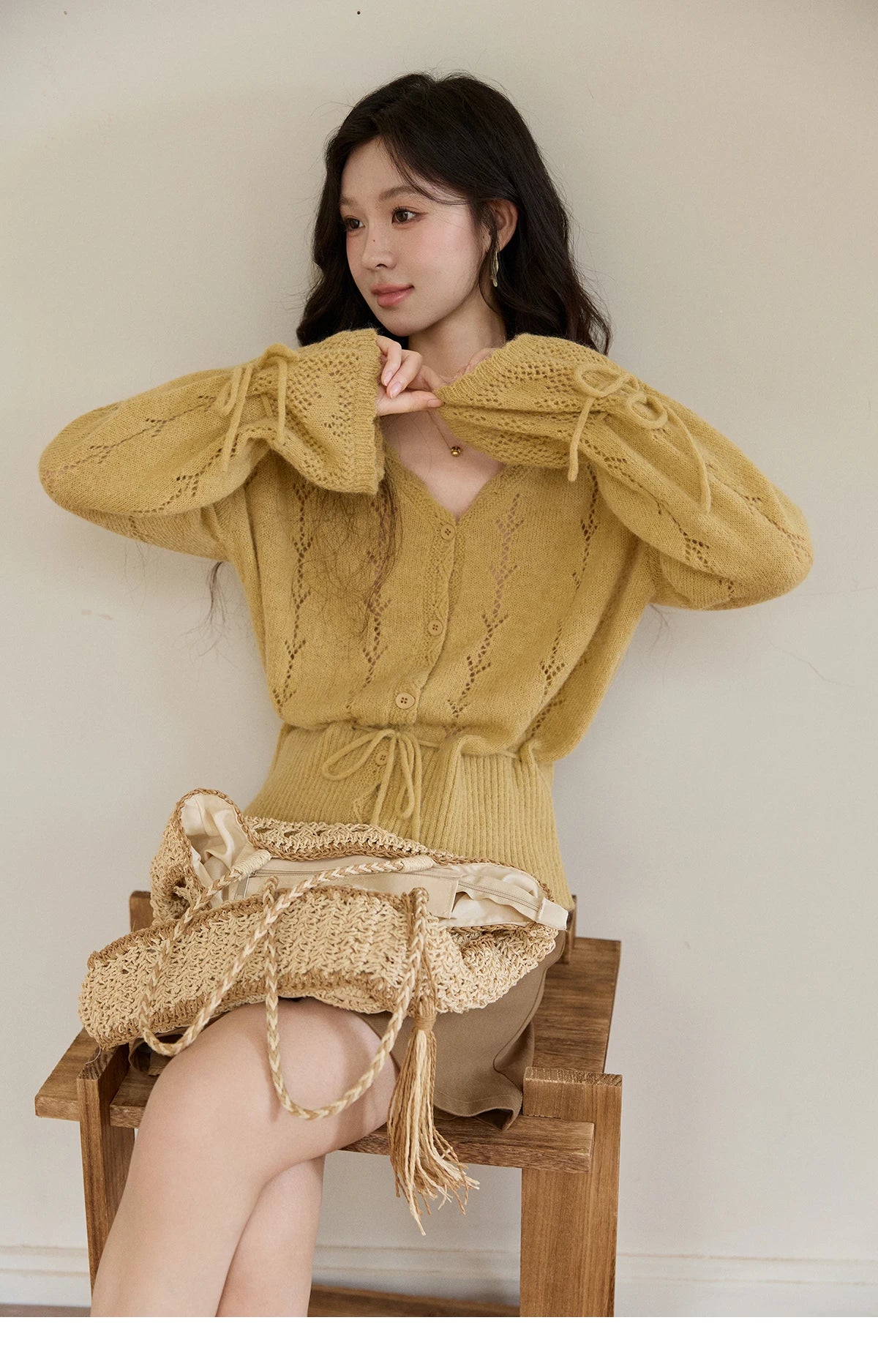 MISHOW Women's Yellow Knitted Cardigan 2026 Spring Hollow Out V-Neck Drawstring Waist Long Sleeve Casual Loose Tops MXF108Z1022