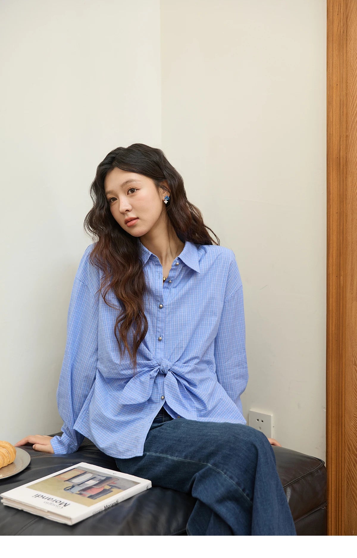 MISHOW Blue Plaid 100 Cotton Shirt Autumn 2025 Bow Tie Waist Matte Silver Butto Shirts Lapel Dropped Sleeved Tops MXE44C2395