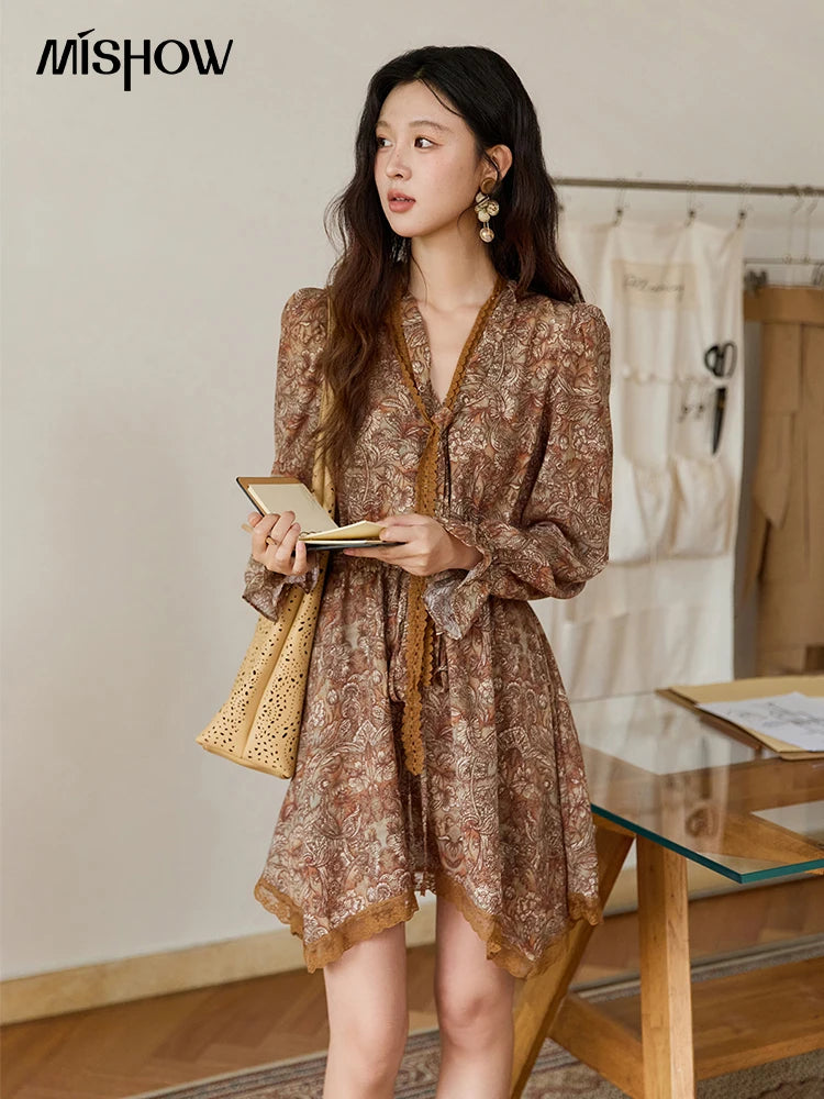 MISHOW Mini Dress for Women's French Vintage Printed Dress 2025 Autumn New Elegant Long-Sleeve Dinner Dresses Luxury MXE46L2518