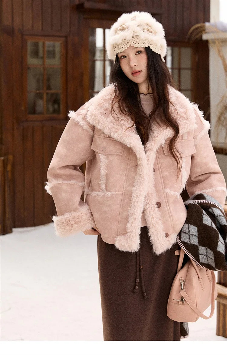 MISHOW Women's Pink Jacket 2025 Winter French Style Stand Collar Plush Patchwork Coat Windproof Warm Coat Woman MXE51W0911