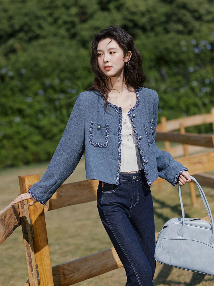 MISHOW Retro Fragrant Style Jacket for Women Spring 2025 Shoulder Pads Coarse Tweed Splicing Ribbon Blue Suit Coats MXE13W0705