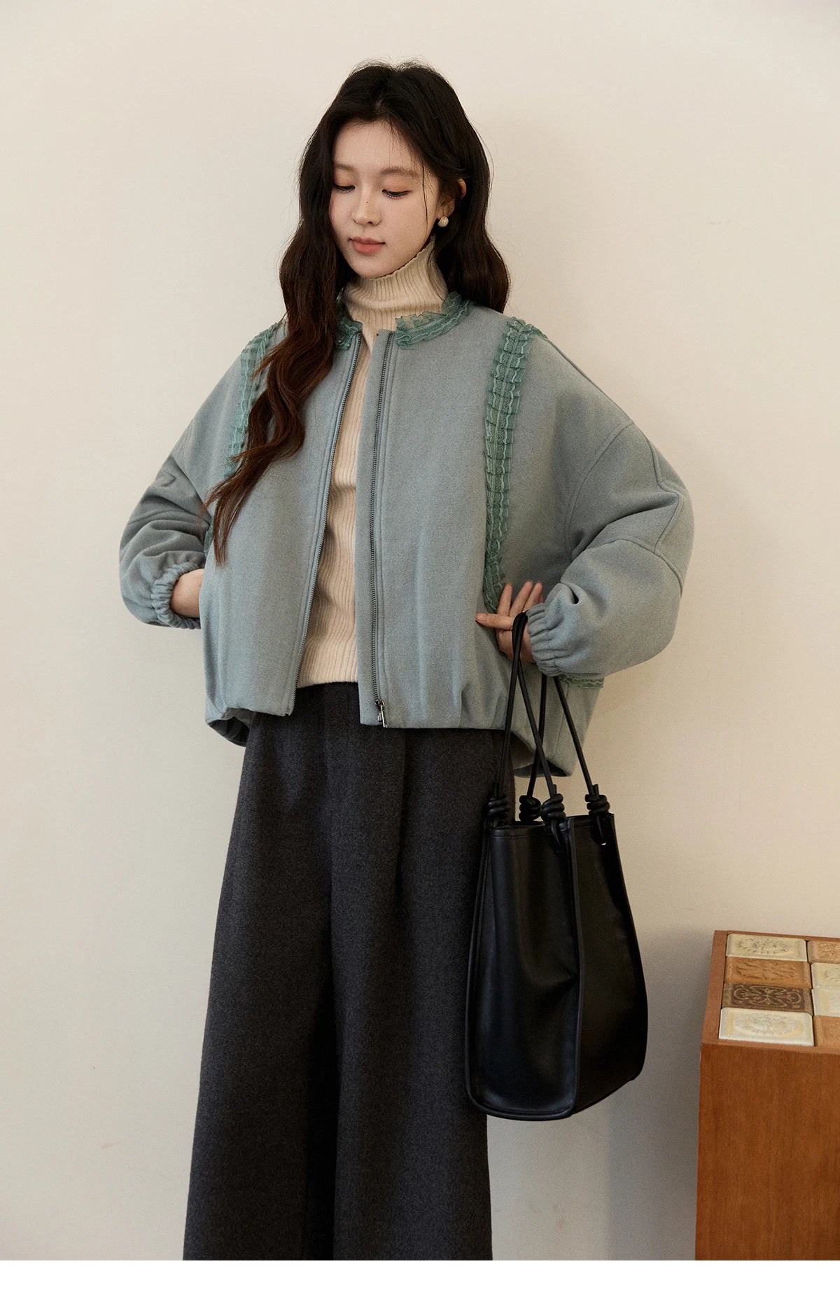 MISHOW Women's Light Blue Down Coats Winter Lace Decor Zipper Puff Sleeve Coats O Neck Loose Casual Warm Outerwear MXE94W1048