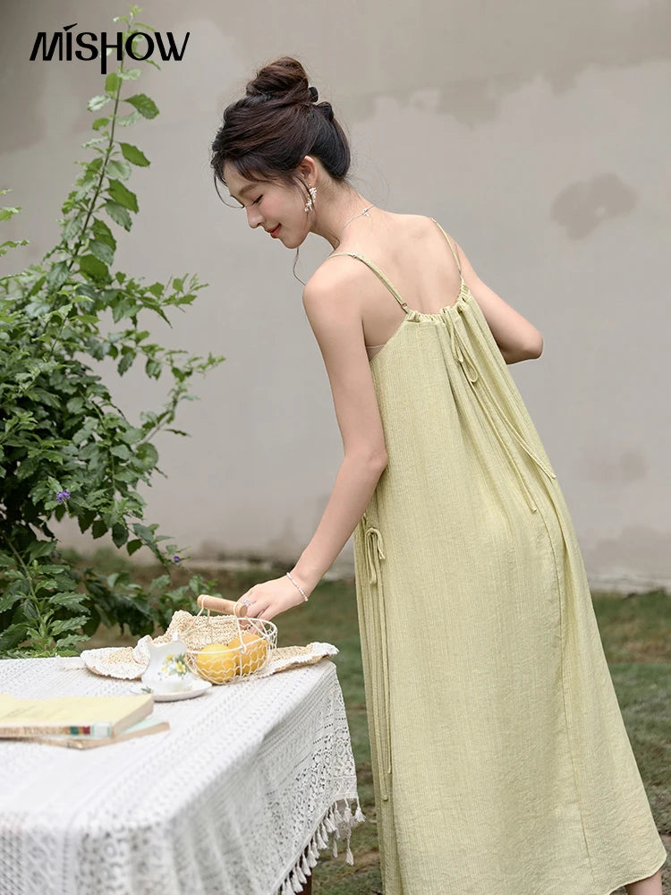 MISHOW Irregular Pleated Suspender Long Dress for Women 2025 Summer Olive Green Dress Loose Drawstring Waist Dresses MXD31L1928