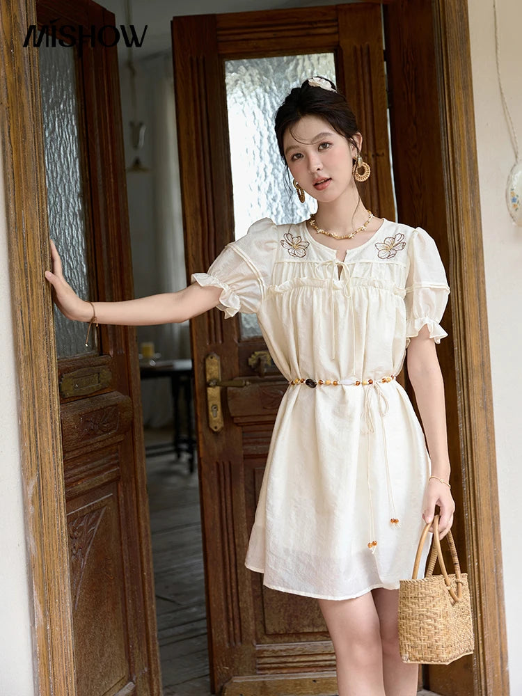 MISHOW Vacation Retro Sweet Dress for Women 2025 Summer Jacquard Embroidered Bubble Sleeve Dresses with Bohemian Belt MXD30L1864
