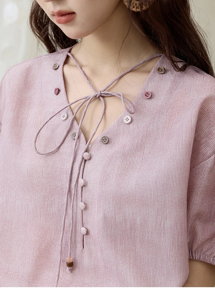 MISHOW French Summer Blouses Women Solid Short Puff Sleeve V-neck Lace-up Design Shirts Female Fashion Straight Tops MXE33X1743