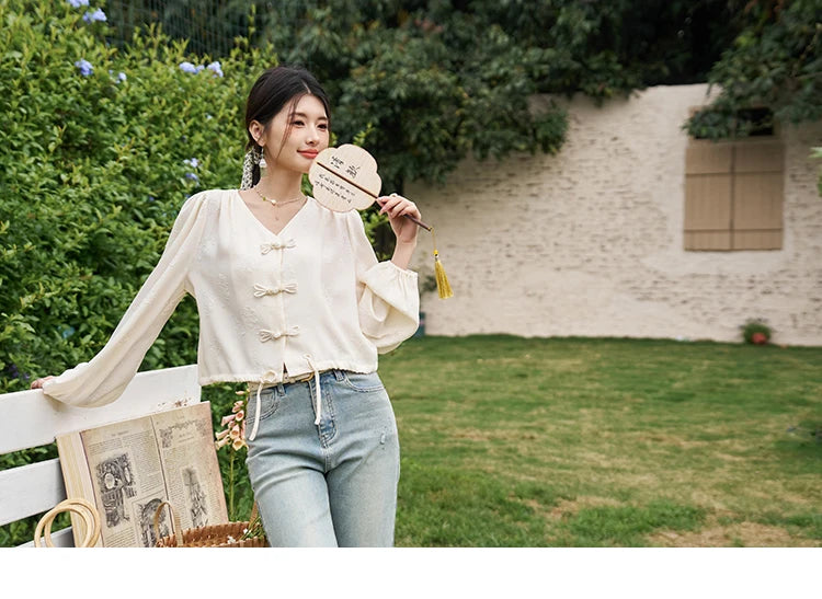 MISHOW Chinese Button Up Single Row Shirt for Women 2024 Spring Jacquard Hem Drawstring Puff Sleeve Solid Loose Top MXD14X1386