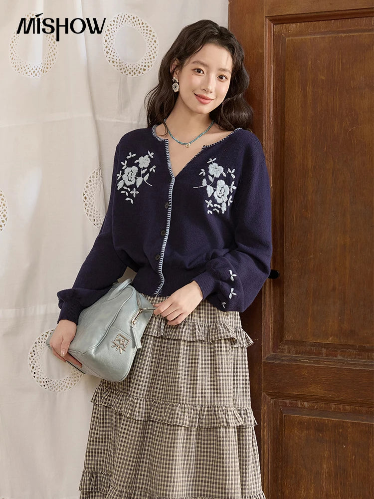 MISHOW Dark Blue Cardigan Women 2025 Autumn New French Vintage Embroidered Knit Cardigan Casual Round Neck Sweater MXE45Z1381