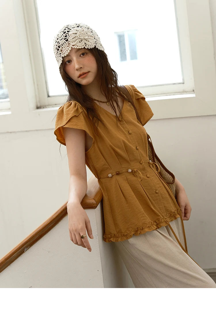 MISHOW Women's Petal Sleeve Slim Shirt 2025 Summer New V-neck Button Bead belt Black Fungus Edge Top Ladies Clothing MXE39X1881