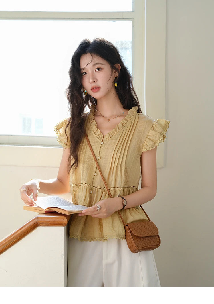 MISHOW Women's Summer Shirt 2025 New Wood Ear V-neck Flying Sleeve Shirt Casual Wrinkle Spliced Button Ladies Top MXE37X1908