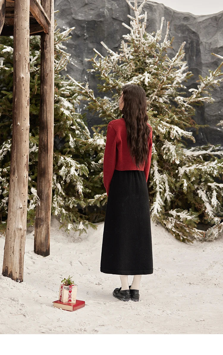 MISHOW Red Knitted Cardigan V-Neck Midi Dresses Separately A-LINE Temperament Grace Dress Flower Lace-up Warm Coat MXD58L2085