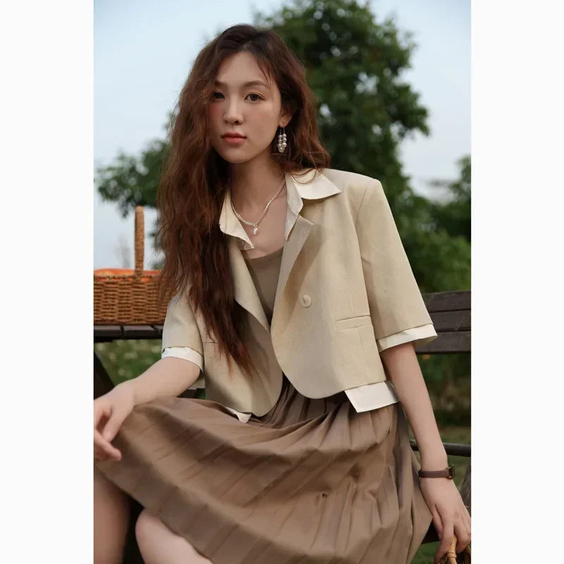 MISHOW Fake Two Short Suit Jackets for Women Summer Three Quarter Single Breasted Turn-down Collar Female Coats MXC33W0016