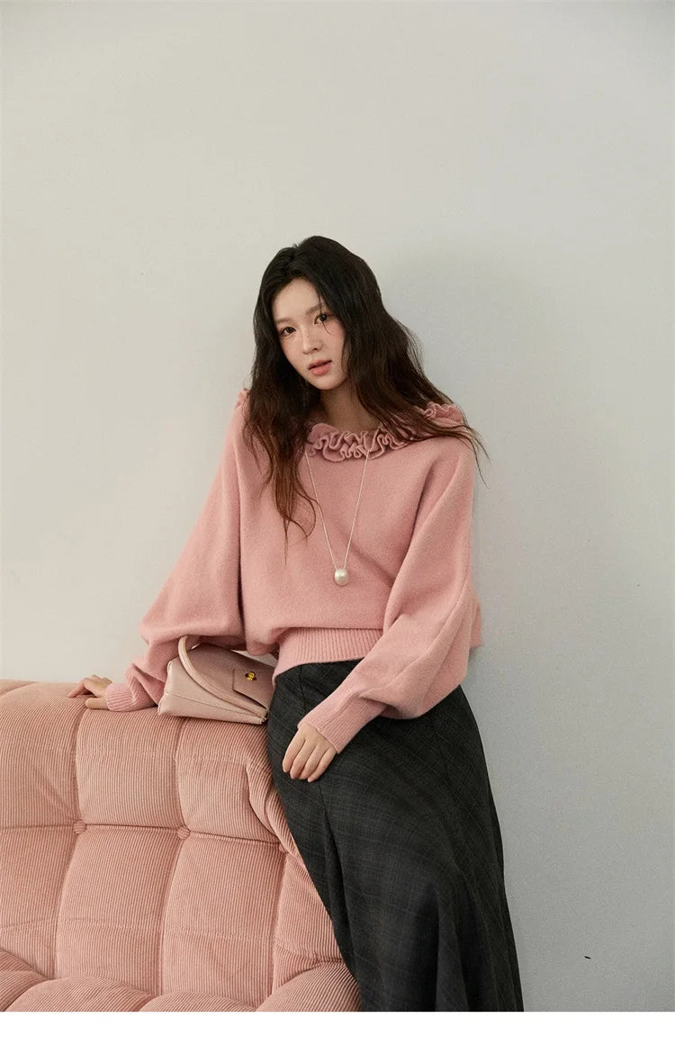 MISHOW Pullovers Women 2025 French Style Orange Lotus Edge Crew Neck Lantern Sleeves Top Slim Luxury Women's Sweaters MXE86Z2726
