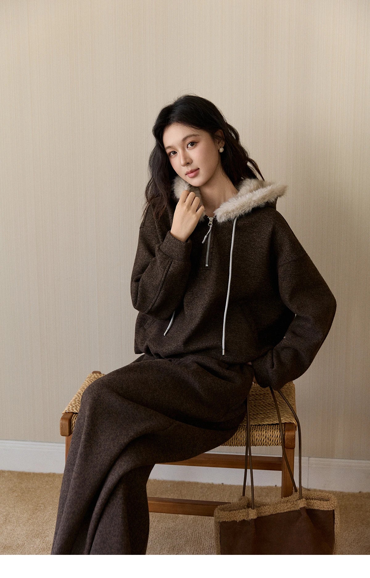 MISHOW Women's Brown Two-Piece Set 2025 Winter Faux Fur Hood Sweatshirt Elastic Waist Wide-Leg Pants Warm Casual Sets MXE94T1476