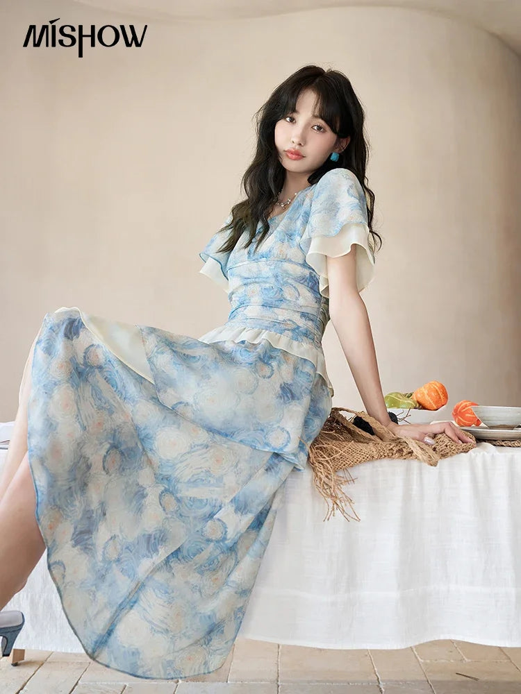 MISHOW [Van Gogh Collection] Fairycore Dresses 2025 Summer Double Layer Sleeves Asymmetrical V-Neck Printing Dress MXC39L1527