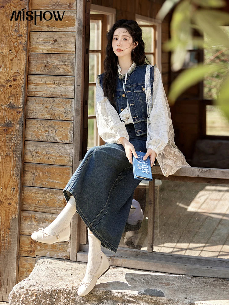 MISHOW Office Lady Spring Vest Female New Sleeveless Round Neck Raw Edge Denim Vests Women Fashion Retro Coat Woman MXE12W0710
