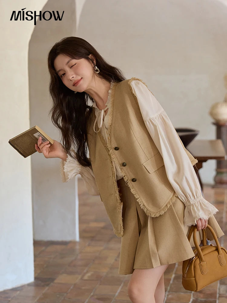 MISHOW Khaki Rough Selvedge Vest Coat Pleated Skirt Two-piece Set 2025 Autumn Women Linen Blend Retro Set Office Lady MXE41T0690