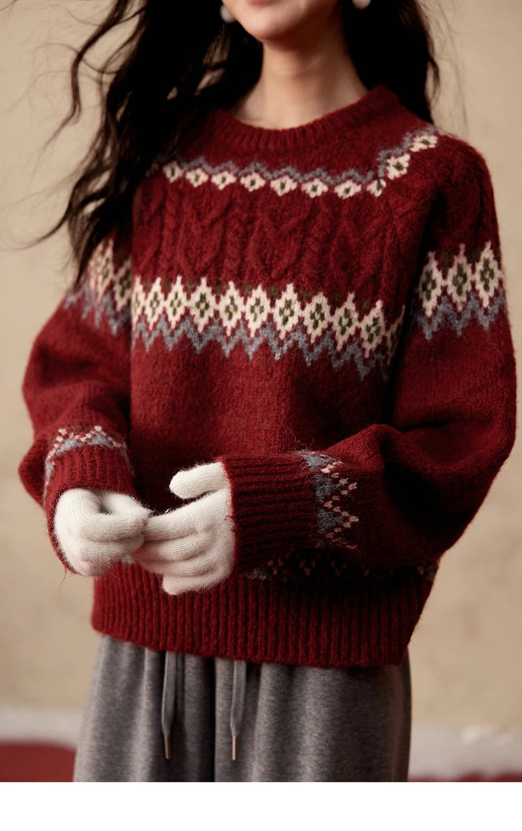 Mishow Red Fair Isle Raglan Sleeve Sweater MXD58Z1035