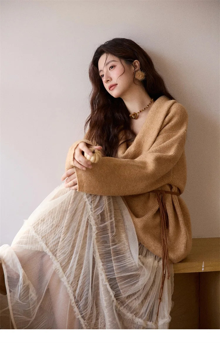 MISHOW Women's Orange Sweater 2025 Winter French Style Luxury Loose Long-sleeved Sweater Vest Belt Three-piece Set  MXE86T1437