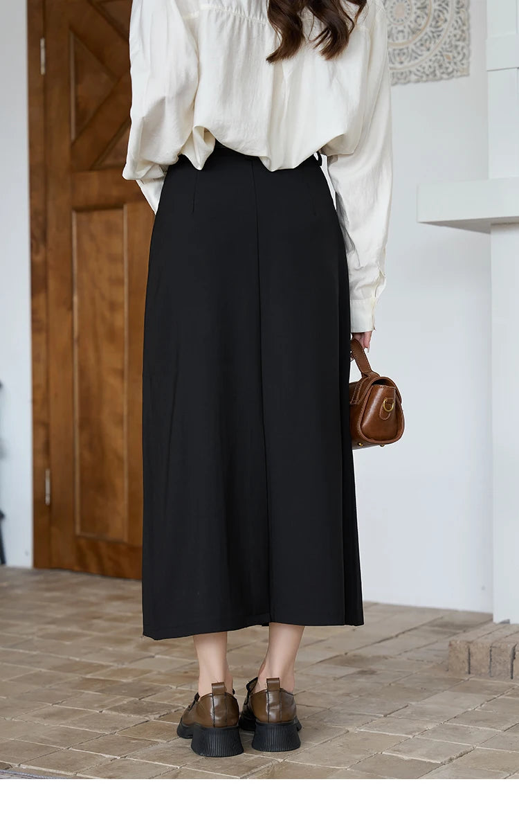 MISHOW Women's Midi Skirt 2023 Autumn Academy Pleated Commuter A-LINE Pockets Solid Split Back Hem Mid-Calf Skirts MXC42B0118