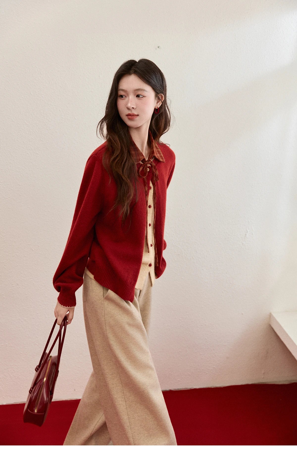 MISHOW Color Block Contrast Fake Two-Piece Cardigan Women Winter Removable Plaid Collar Tie Thickened Knitted Sweater MXE93Z2816