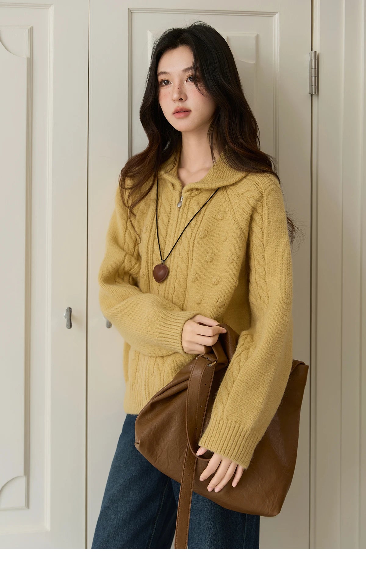 MISHOW Zipper Knit Cardigan Women 2025 Winter Yellow Turn-down Collar Loose Thick Sweater Luxury Comfort Casual Top MXE49Z2619