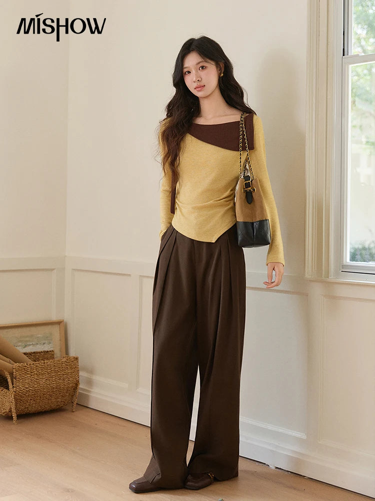 MISHOW Women's Yellow Brown Irregular Top 2026 Spring Contrast Color Oblique Collar Long Sleeve Casual Knitted Tops MXF11Z2911