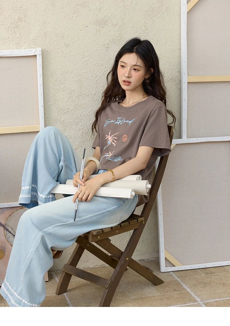 MISHOW Casual Print Shirts Women Summer New 2025 Short Sleeve Round Neck Loose Pure Cotton T-shirt Female Fashion MXE31T0533