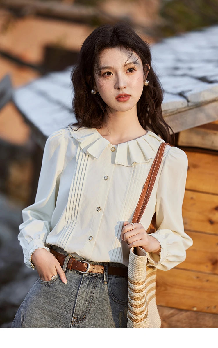 MISHOW French Tucker Pleats Doll Neck Shirt for Women 2025 Spring Straight Shirt Ruffled O Neck Shirts Office Lady MXE12C0401