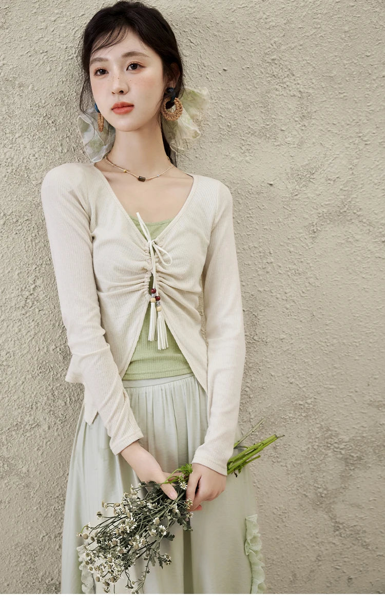 MISHOW Women's Fake Two Patchwork Knitted Spring 2025 Contrast Drawstring Strap Lace-up Tops Retro V-neck Thin Top MXE15Z1185