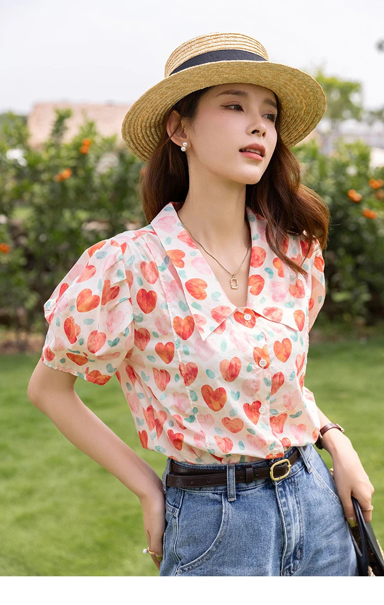 MISHOW Korean Floral Blouse Polo-Neck Puff Sleeve MXB27C0450